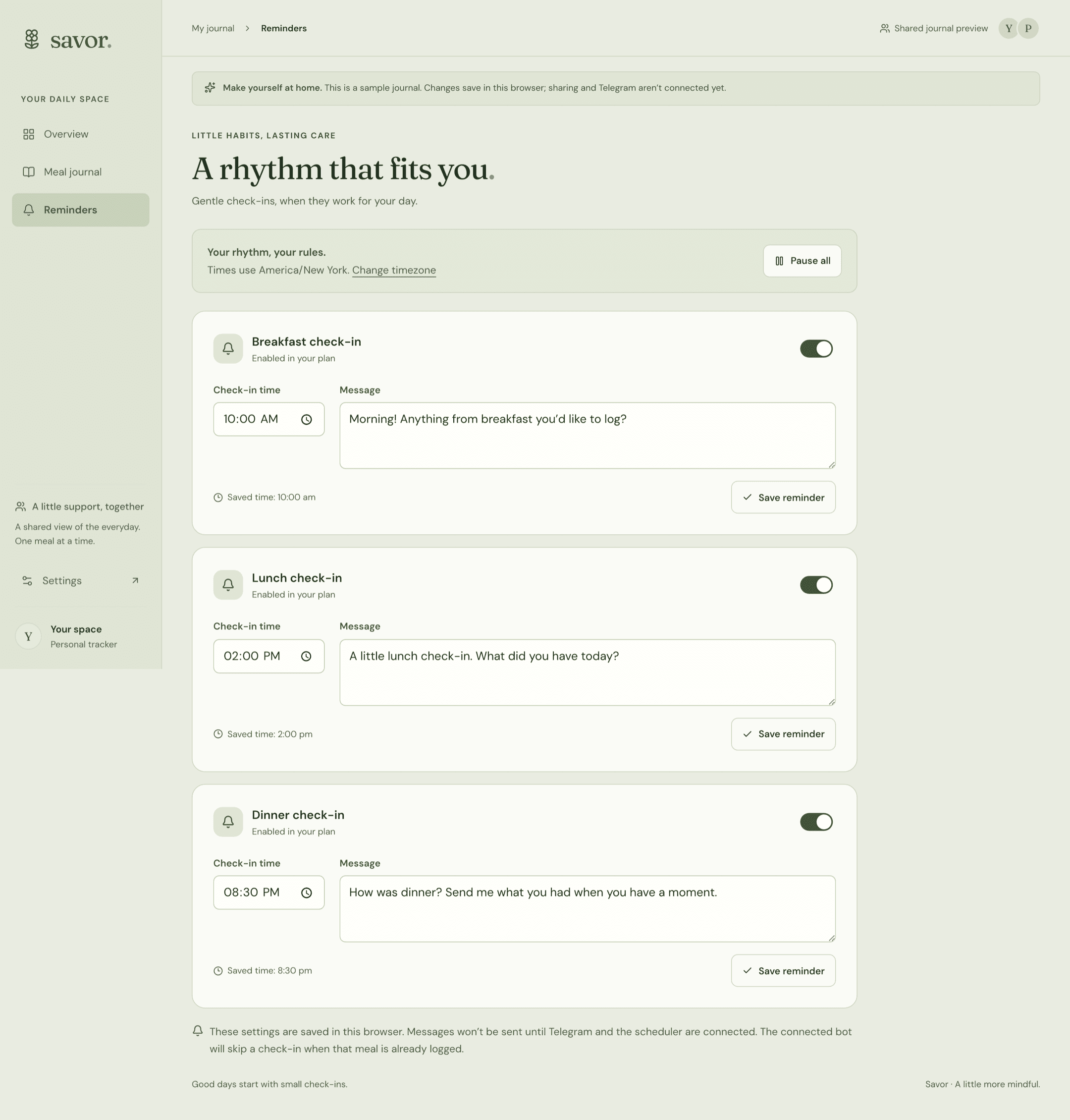 Savor check-ins and reminders